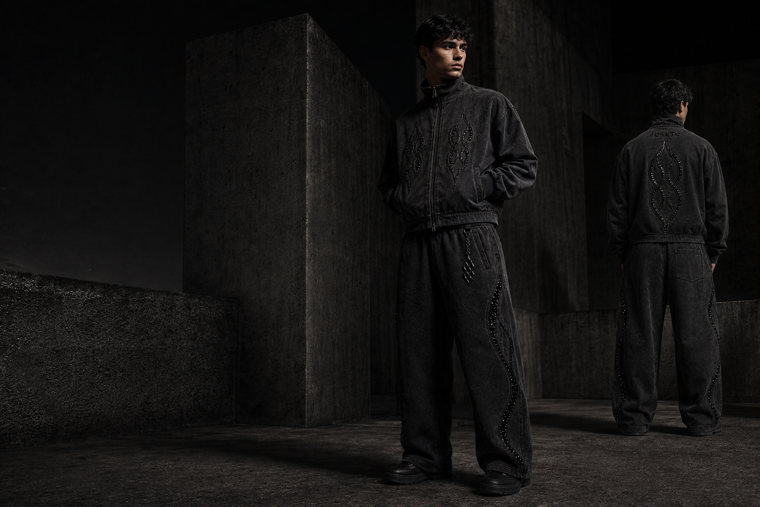Silhouettes JORETO Black Diamond dans une galerie architecturale